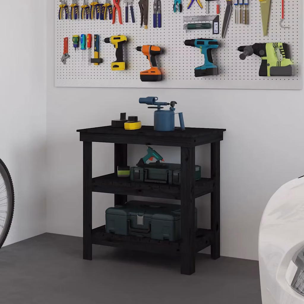 vidaXL Banco da lavoro in legno di pino nero L: 78,4 cm, P: 40 cm, H: 80 cm