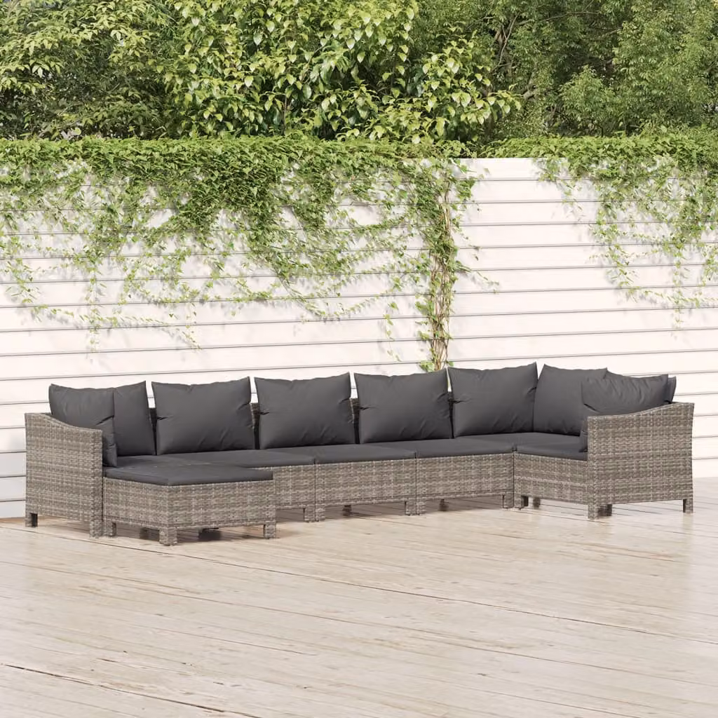 Set Divani da Giardino vidaXL 7 Pezzi a Forma di L in Polyrattan Grigio con Cuscini e Ottoman
