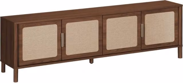 Mobile TV vintage SWEEEK in legno e rattan color noce con 4 ante, L: 160 cm, P: 39,5 cm, H: 50 cm