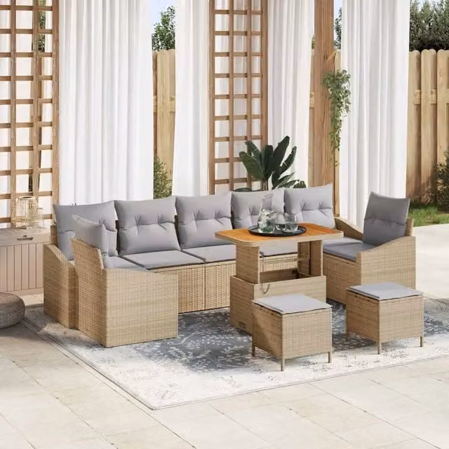 Set Divano da Giardino vidaXL a 9 posti con Tavolino e Ottoman, Colore Beige, Struttura in Acciaio e Legno di Acacia