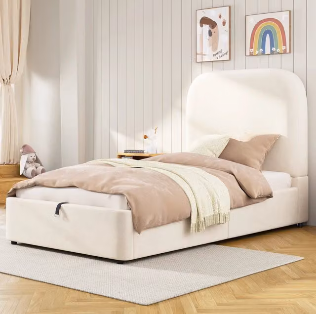 Letto 90 x 200 cm in velluto con contenitore idraulico; testiera imbottita; beige