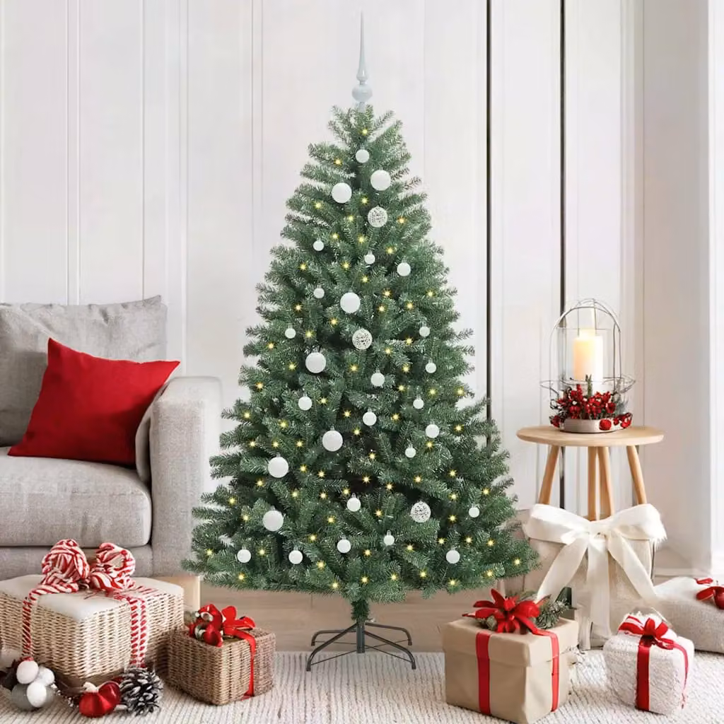 Albero di Natale artificiale moderno vidaXL verde con luci LED bianco caldo e rami pieghevoli in PVC e metallo, Altezza: 150 cm