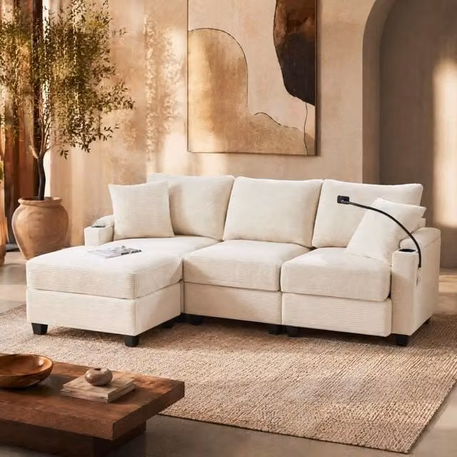 Divano angolare ULEVR 213,5x139x87 cm, 3 posti con pouf, USB, portaoggetti e rivestimento beige a coste