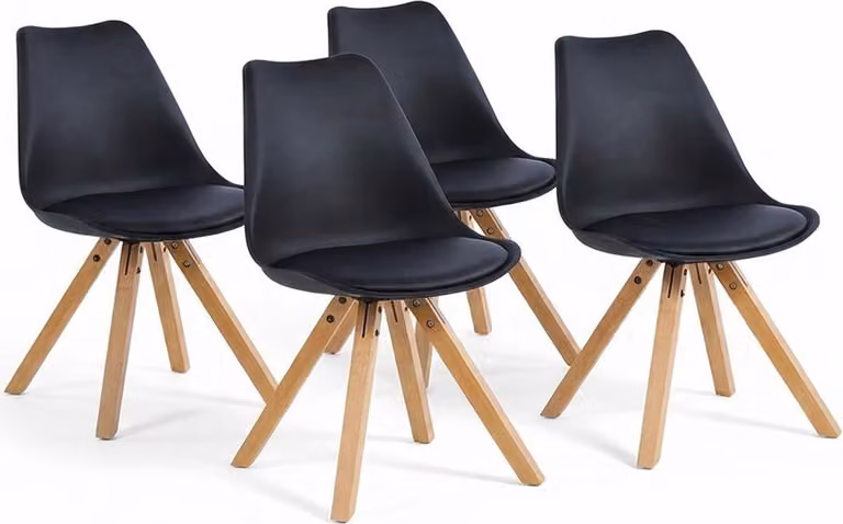 Set di 4 sedie in polipropilene con fibra di vetro e seduta imbottita in ecopelle, sedie in stile scandinavo con gambe in legno per cucina, sala da pranzo, ufficio, sala d'attesa, bar e ristorante - Sabina - Nero