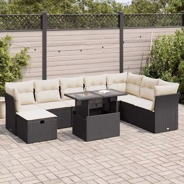 Set di divani da giardino vidaXL a forma di U composto da 9 pezzi con cuscini e tavolino in polyrattan nero e bianco