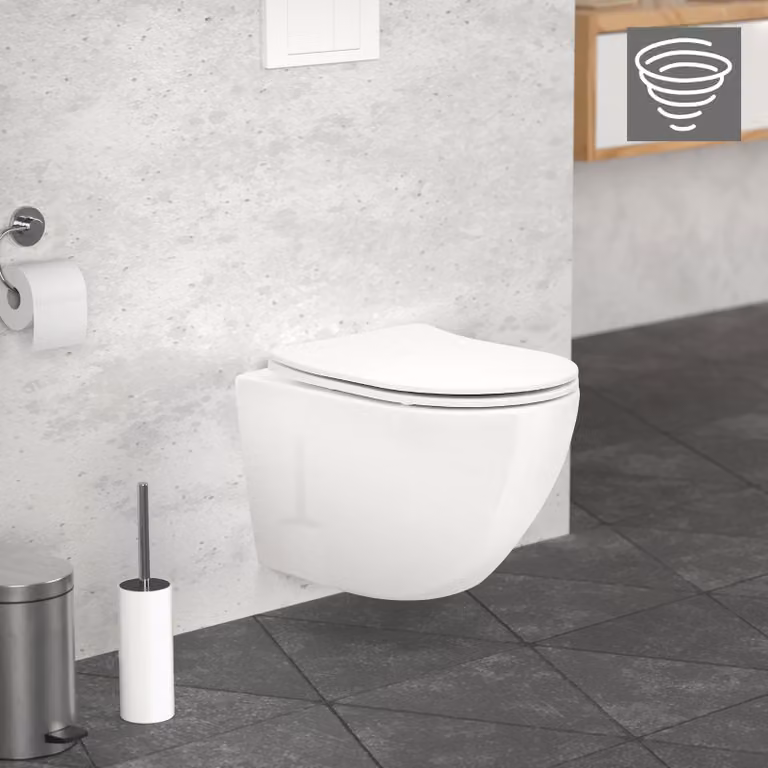 LuxeBath WC sospeso senza bordo, bianco, corto, a filo tornado