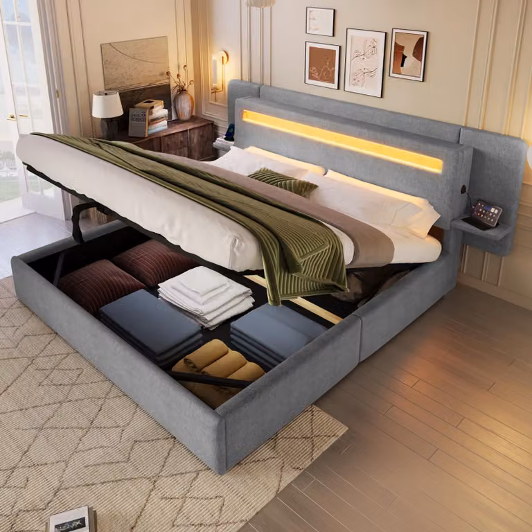 Letto imbottito MODFU, 180 x 200 cm, con spazio contenitore idraulico, letto per ragazzi con comodino integrato, letto contenitore multifunzionale con luci LED multicolore, senza materasso, colore grigio