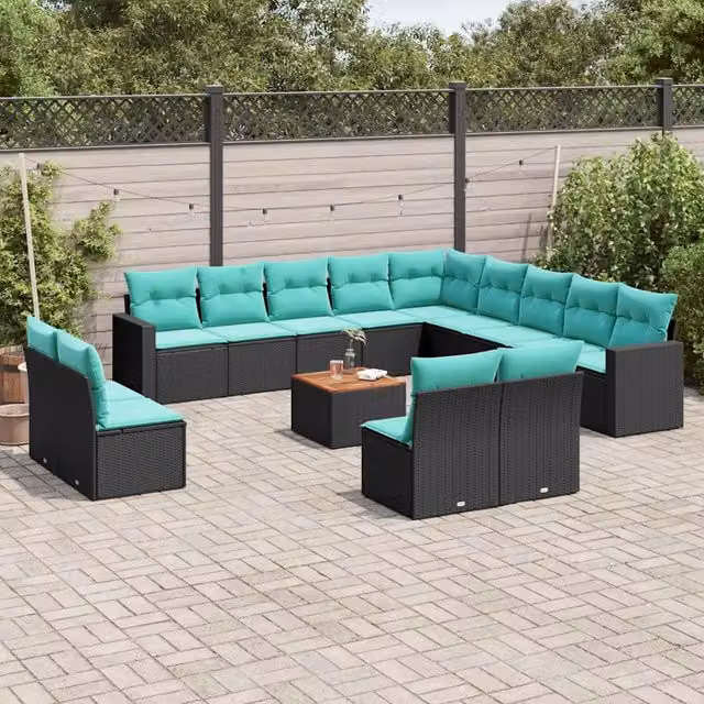 Set di Divani da Giardino vidaXL a Forma a U in Polyrattan Nero con Cuscini Blu e Tavolino da Esterno – 1