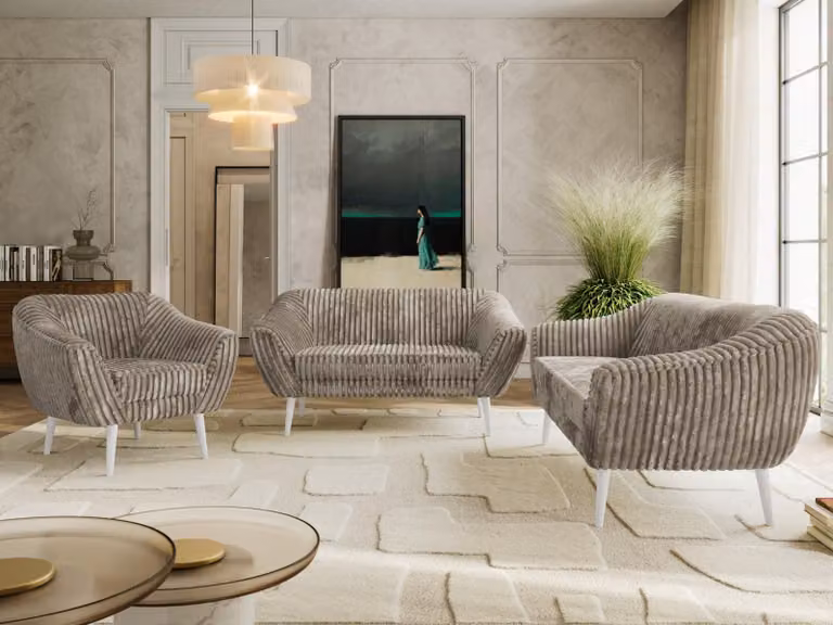 Divano componibile MKS MEBLE PIRS 1-2-3, set completo in stile scandinavo, con sospensioni a molle, gambe bianche, gruppo sedute, set di mobili, set con braccioli - color beige chiaro (tessuto velluto)