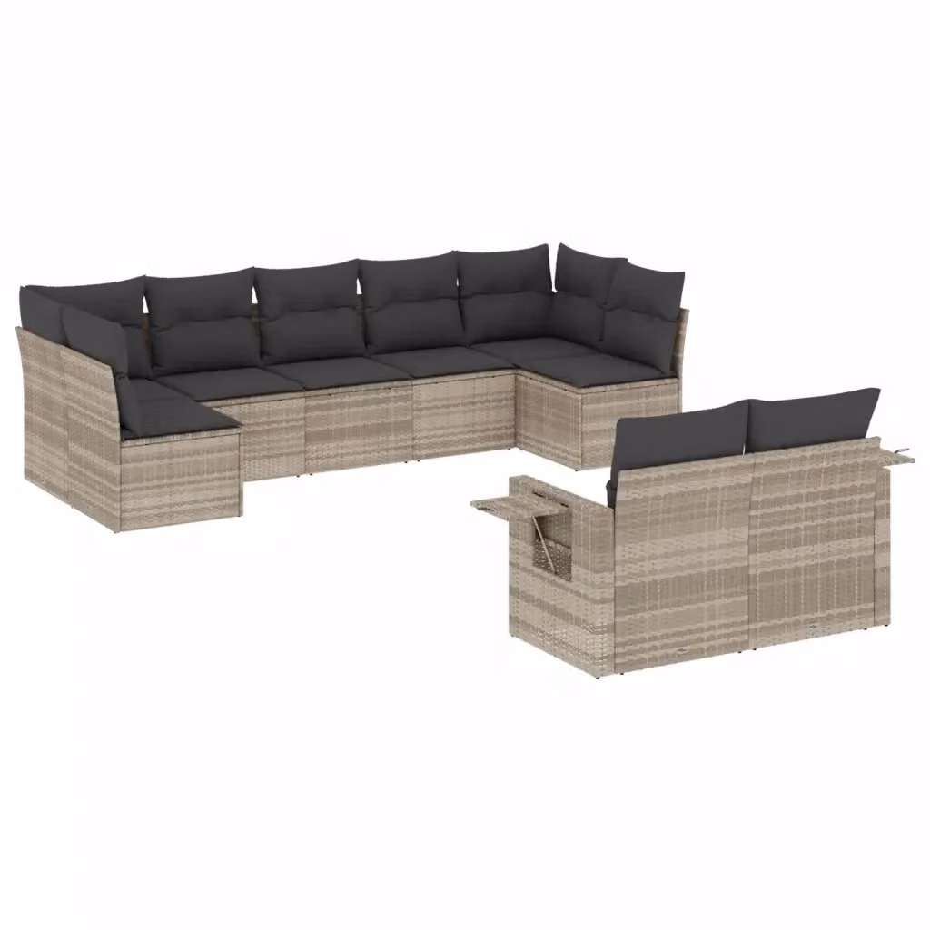 vidaXL Set Divano da Giardino a L in Polyrattan Grigio con Cuscini e Tavolino da Esterno 9pz – 2