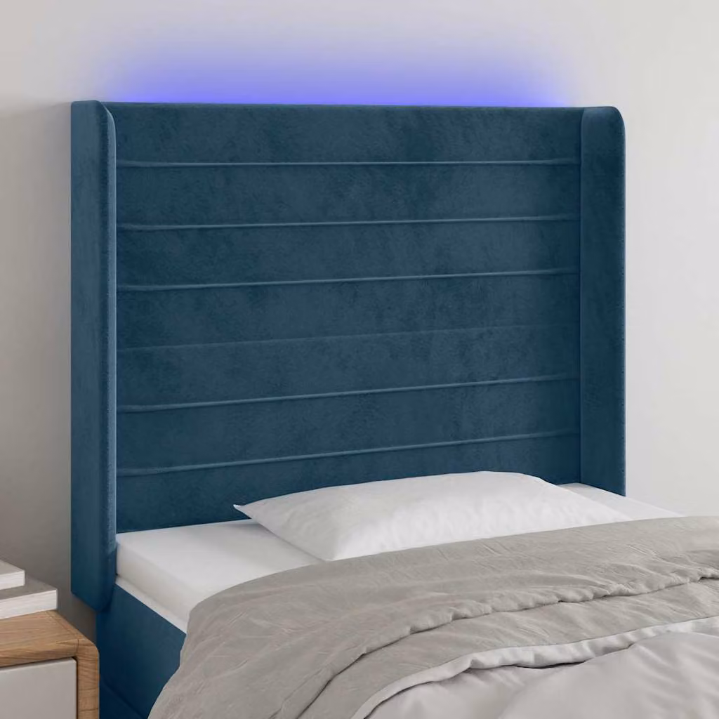 Testiera per letto vidaXL in velluto blu con illuminazione LED integrata e porta di ricarica USB, L: 83 cm, P: 16 cm, H: 118-128 cm