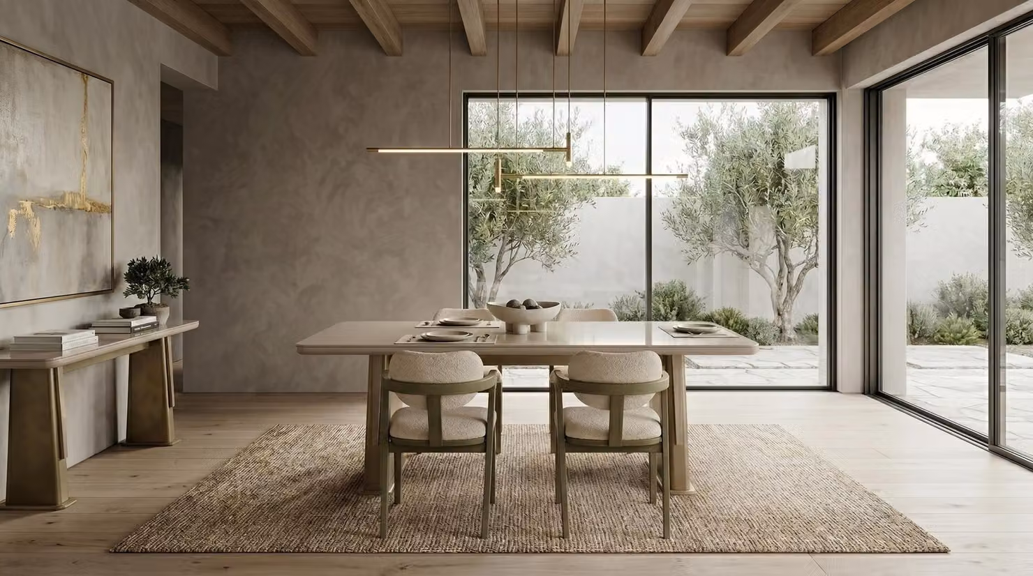 Set da pranzo: tavolo e 4 sedie, stile elegante e minimalista, colore beige