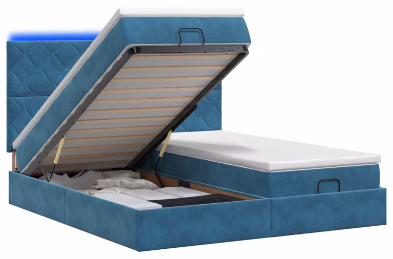 Panca contenitore con materasso e illuminazione LED, colore blu scuro, 160 x 200 cm, rivestita in velluto