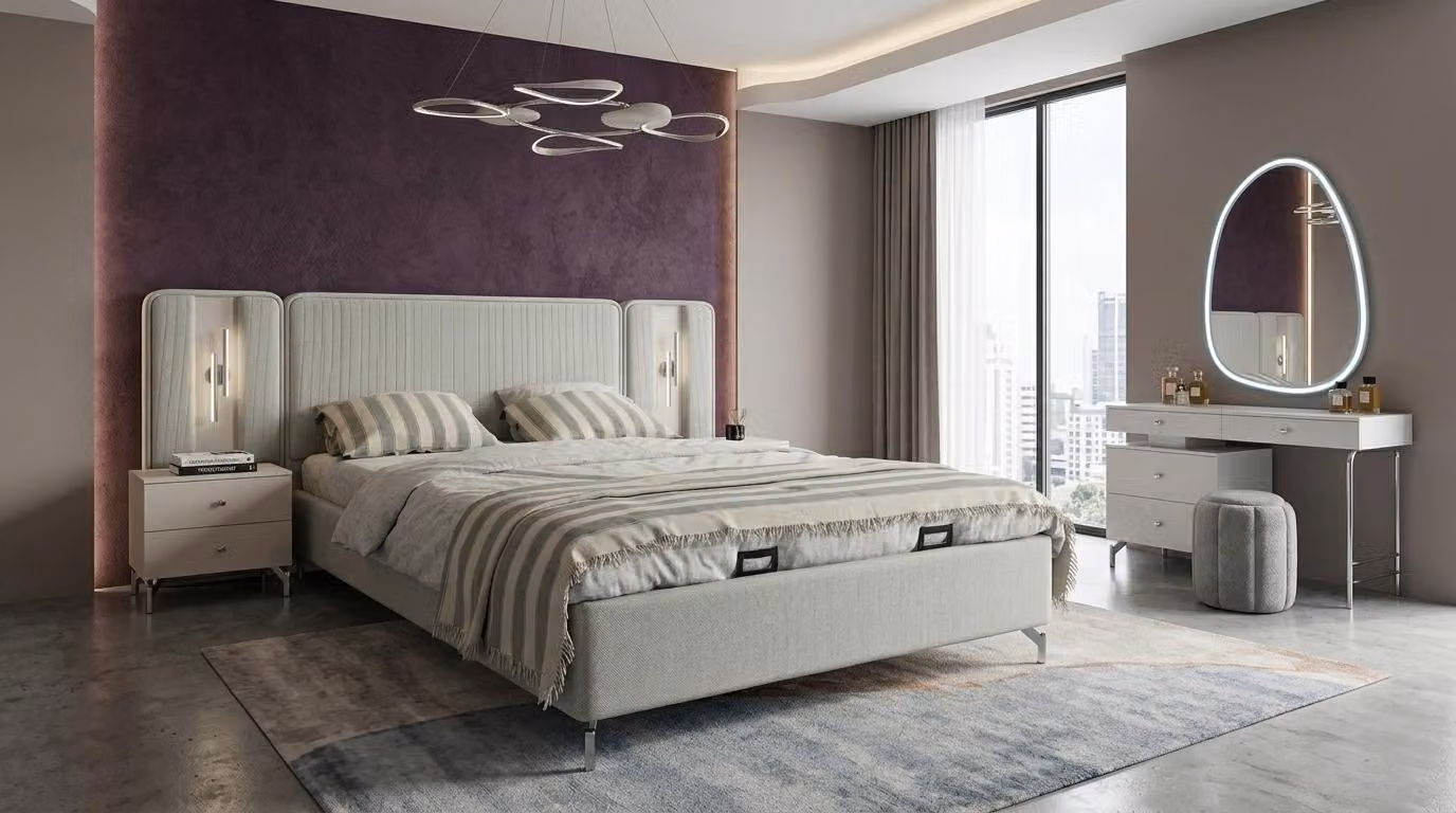 Bett Nachttische Schminktisch Spiegel Pouf Stil modern grau komfortabel