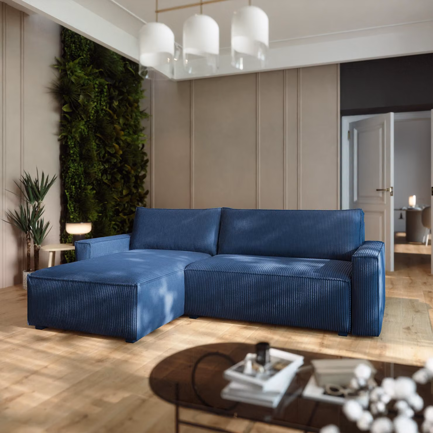 Divano angolare BESMIR di Masseno con funzione letto a L, divano con box letto, divano da soggiorno, divano, divano letto, set di divani - blu, POSO 05