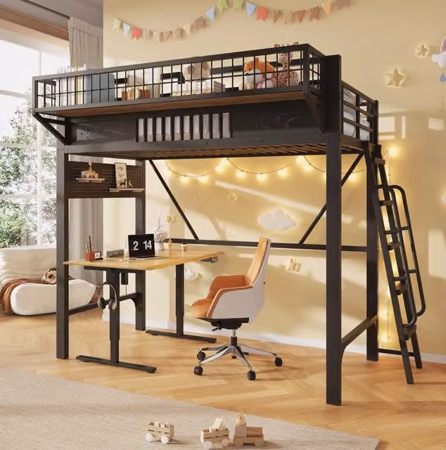 Letto a soppalco 90x200 cm in metallo nero con vani laterali, senza materasso –