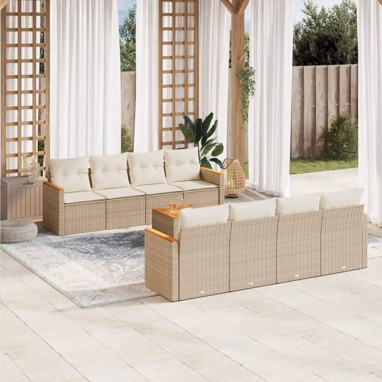 vidaXL Set Divano da Giardino 9 pz a forma di U con Cuscini Beige e Tavolino in Polyrattan e Acciaio