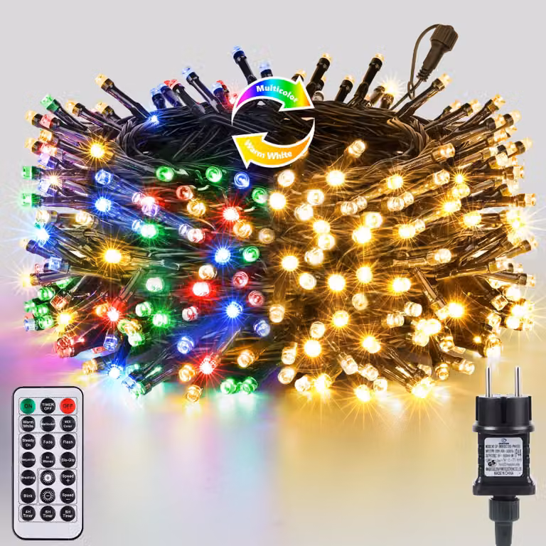 Catena luminosa a LED, 20 metri, 200 LED, luce bianco caldo e colorata, dimmerabile, con telecomando