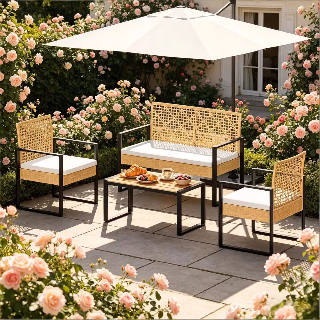 Set lounge da giardino moderno a 4 pezzi con divano a 2 posti, poltrone e tavolino in rattan e metallo, colore marrone e beige con cuscini imbottiti e rivestimenti rimovibili – 2