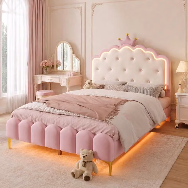 Letto imbottito 140x200 cm rosa in PU, rete a doghe e luci LED, senza materasso