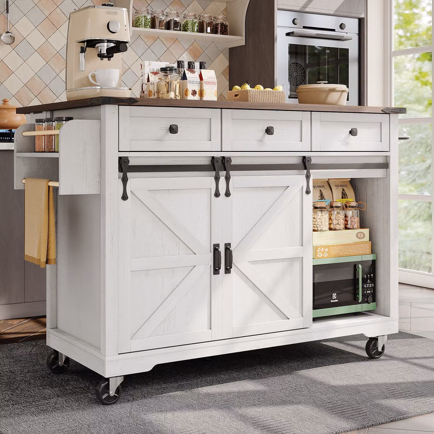Isola da cucina con piano ribaltabile e carrello portavivande su ruote, beige, con 2 ante scorrevoli e 3 cassetti, L/P/H: 140 x 45 x 73-94 cm – 2