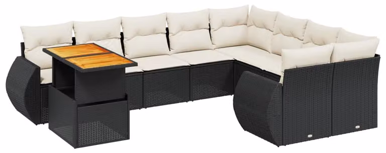 Set da salotto da esterno, 10 pezzi, colore nero, in rattan sintetico - 10 posti a sedere - Tavolo regolabile - Con cuscini