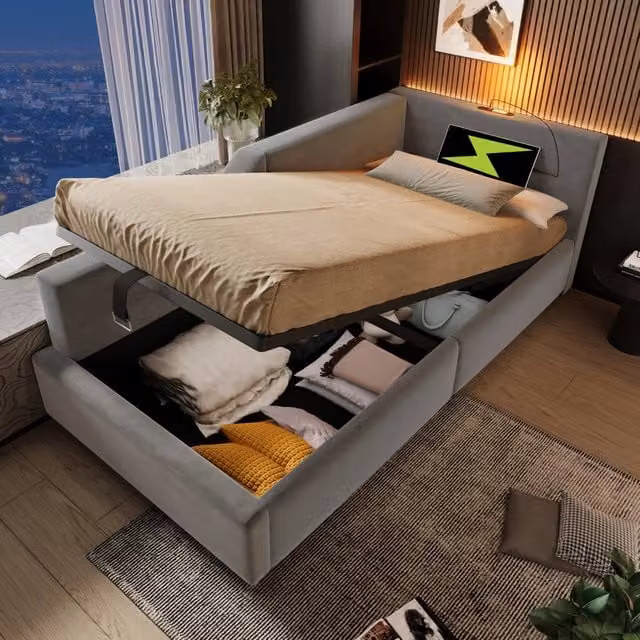 Letto Imbottito 90x200 in Velluto Grigio con Contenitore Idraulico e Luce da Lettura