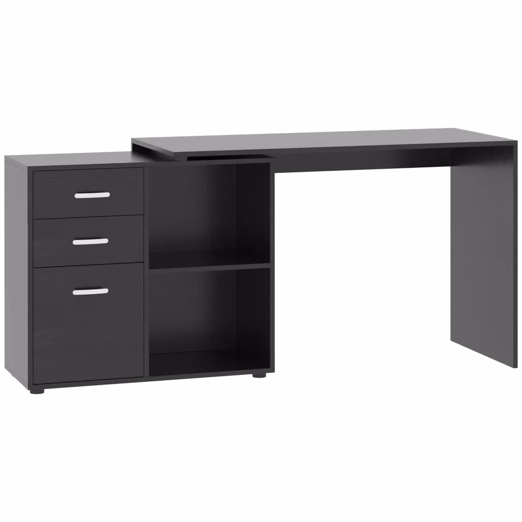 Scrivania Angolare per PC a Forma di L con 2 Cassetti e Ripiani Aperti in Legno e Metallo, Nero, L 117 x P 83,5 x H 76 cm – 2