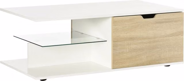 Tavolino da caffè rettangolare Xylo con 2 cassetti e 2 ripiani in vetro temperato bianco effetto rovere