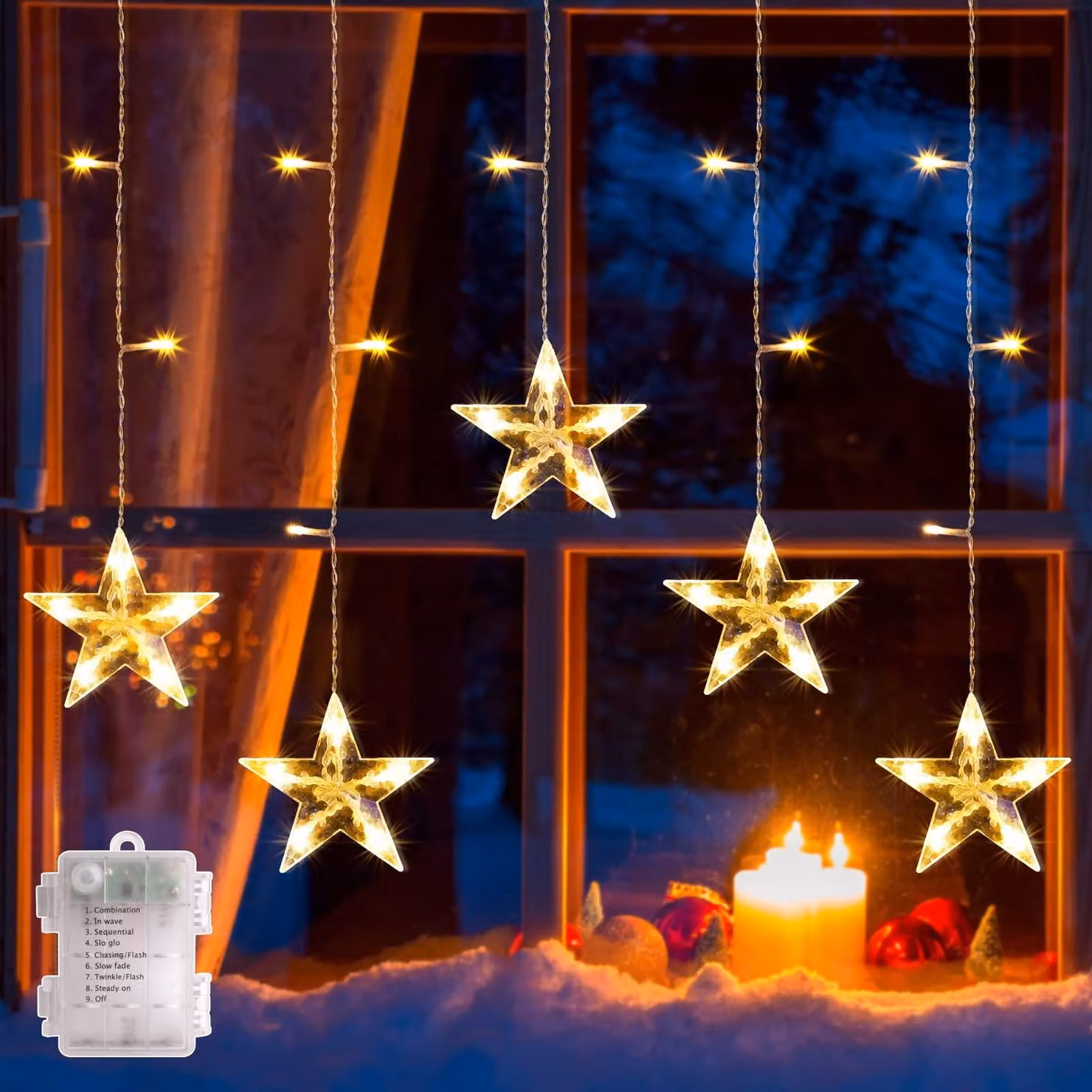 Catena luminosa a LED, lunghezza 1,88 metri, 36 LED, alimentazione a batteria, grado di protezione IP44, con timer