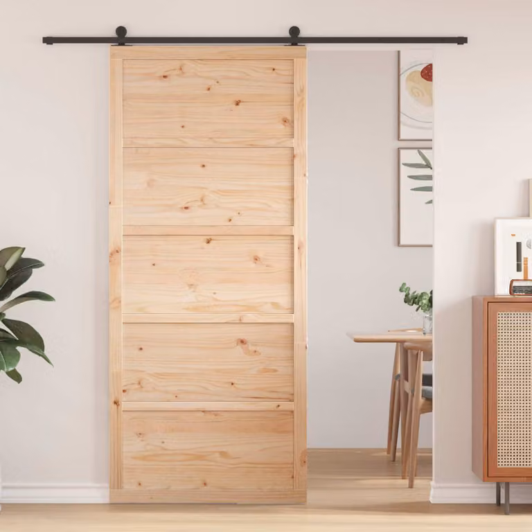 Porta del fienile scorrevole in legno massello di pino rustico vidaXL, Colore marrone/beige, L: 90 cm, P: 2,5 cm, H: 208 cm