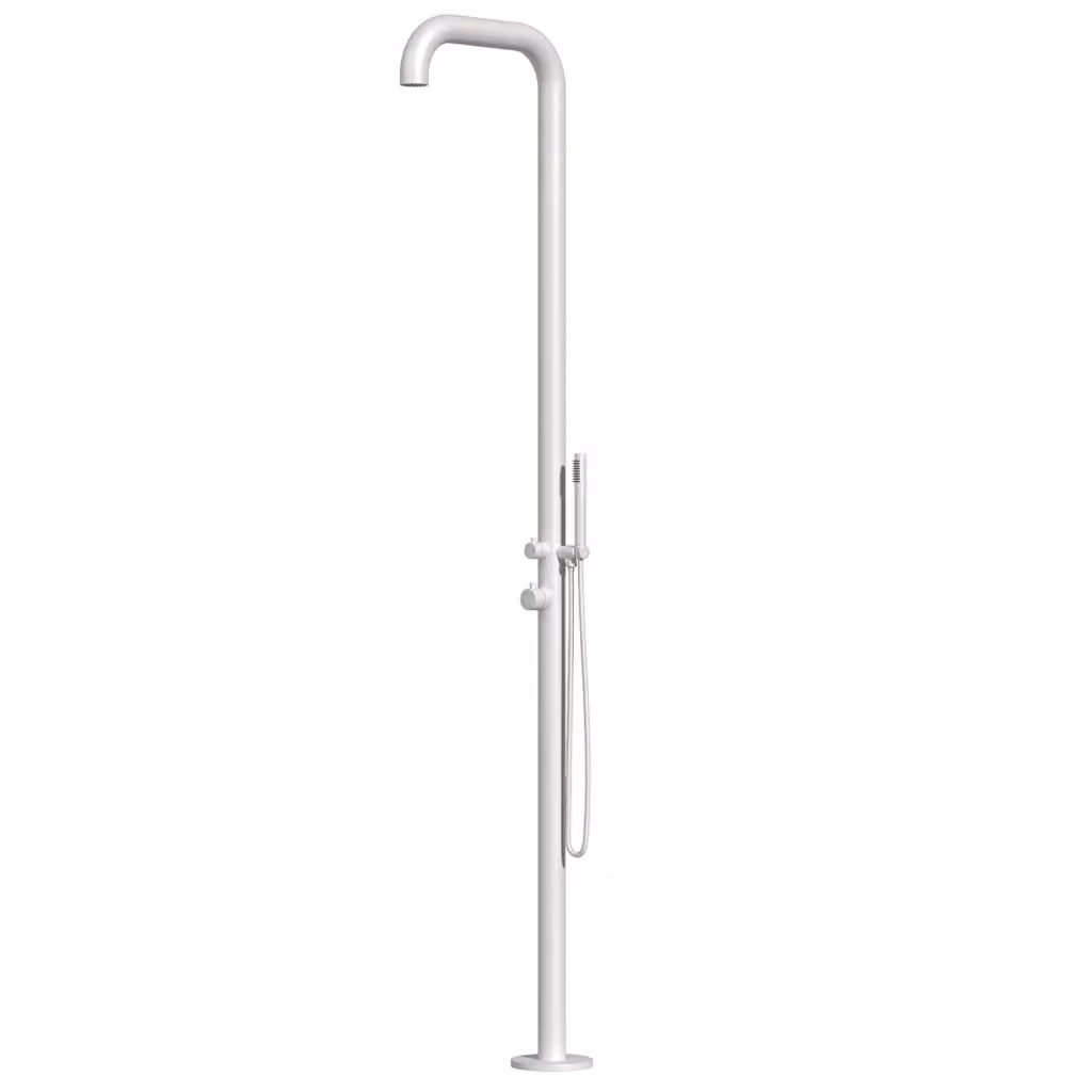 Doccia esterna SINED bianca in acciaio inox 316L con miscelatore e doccino per acqua calda e fredda, Altezza: 230 cm, Diametro: 6 cm – 2