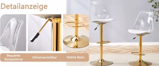 Set 2 sgabelli bar regolabili, schienale trasparente, seduta in PU bianco, gambe in metallo oro, girevoli 360°, base 44,4 cm, 120 kg