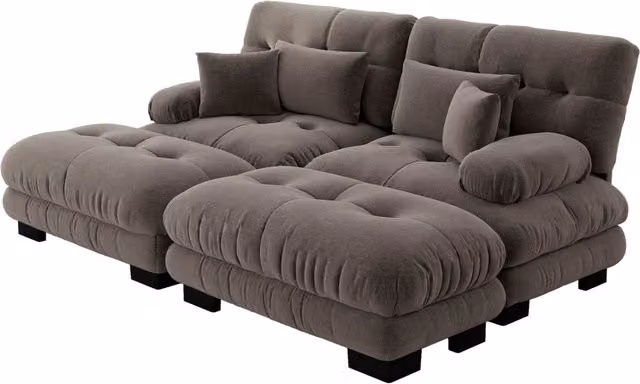 Divano angolare in chenille marrone con cuscini lombari e pouf mobili per soggiorno