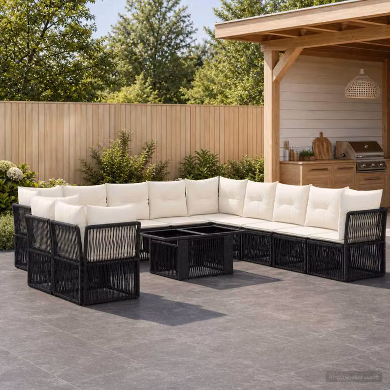 Set Divano da Giardino Moderno vidaXL a Forma a U in Polyrattan Nero con Tavolino e Cuscini
