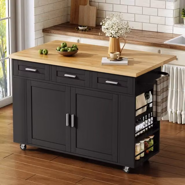 Carrello da cucina con piano ribaltabile, 3 cassetti e organizer estraibili, prese integrate, 120 × 45 × 84 cm