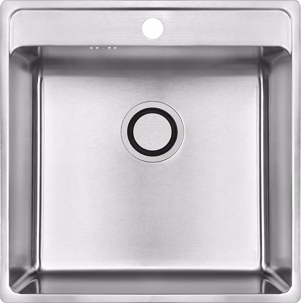 Lavello Besos Inox spazzolato a 1 vasca, da incasso, 490x480 mm, scarico 3,5'', sifone Space Saving, resistenza agli shock termici