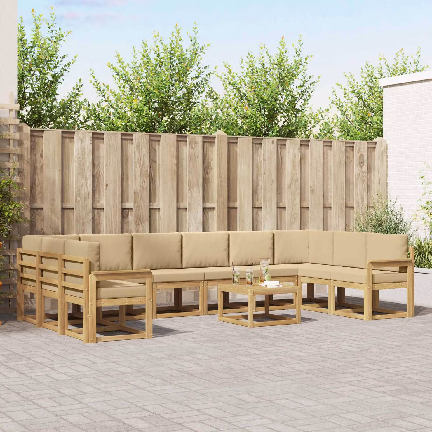 Set di divani da esterno vidaXL 11 pz in legno di acacia con cuscini Bianco, Beige e Marrone