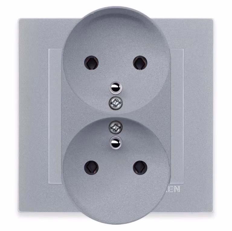 Presa doppia con messa a terra, tipo E, color argento + cornice color argento EXEN