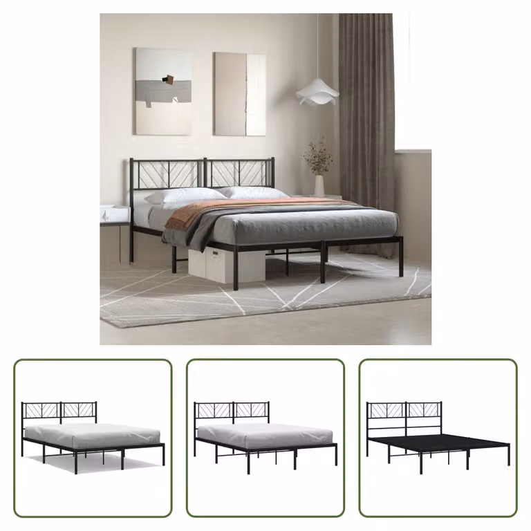The Living Store Struttura letto con testiera in metallo nero 150x200 cm