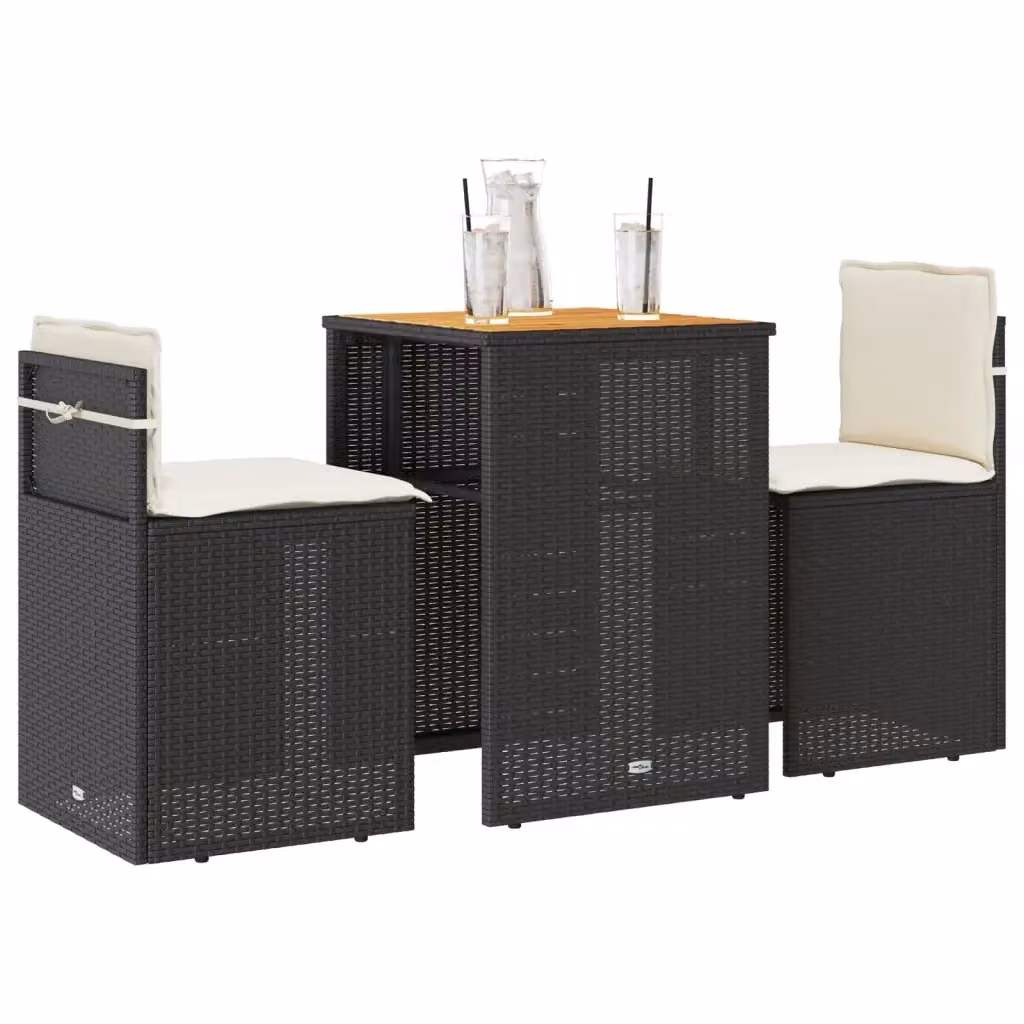 Set da bistrò moderno in legno di acacia oliato e polyrattan con cuscini, 3 pezzi, nero e bianco – 2