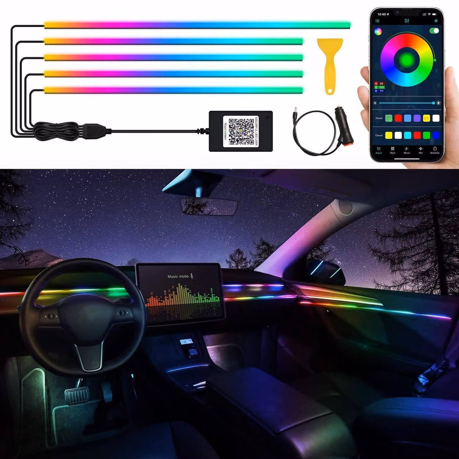 Illuminazione interna per auto a LED, tecnologia RGBIC Dreamcolor, 5 colori in 1, con controllo tramite app e musica
