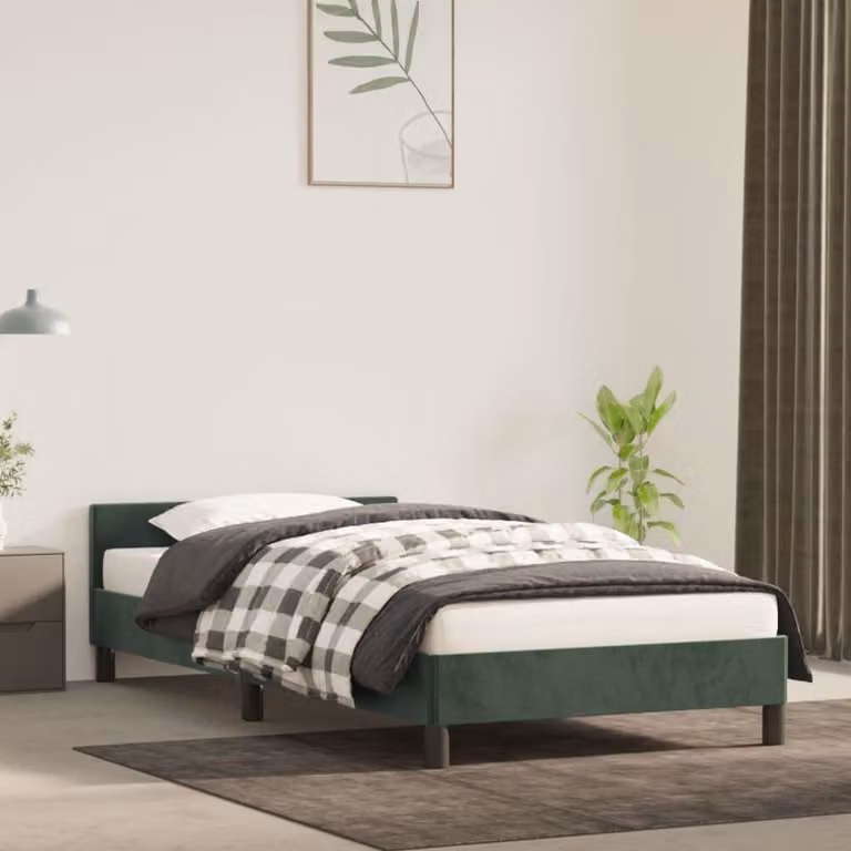 The Living Store Struttura letto con testiera in velluto verde scuro 90x200 cm