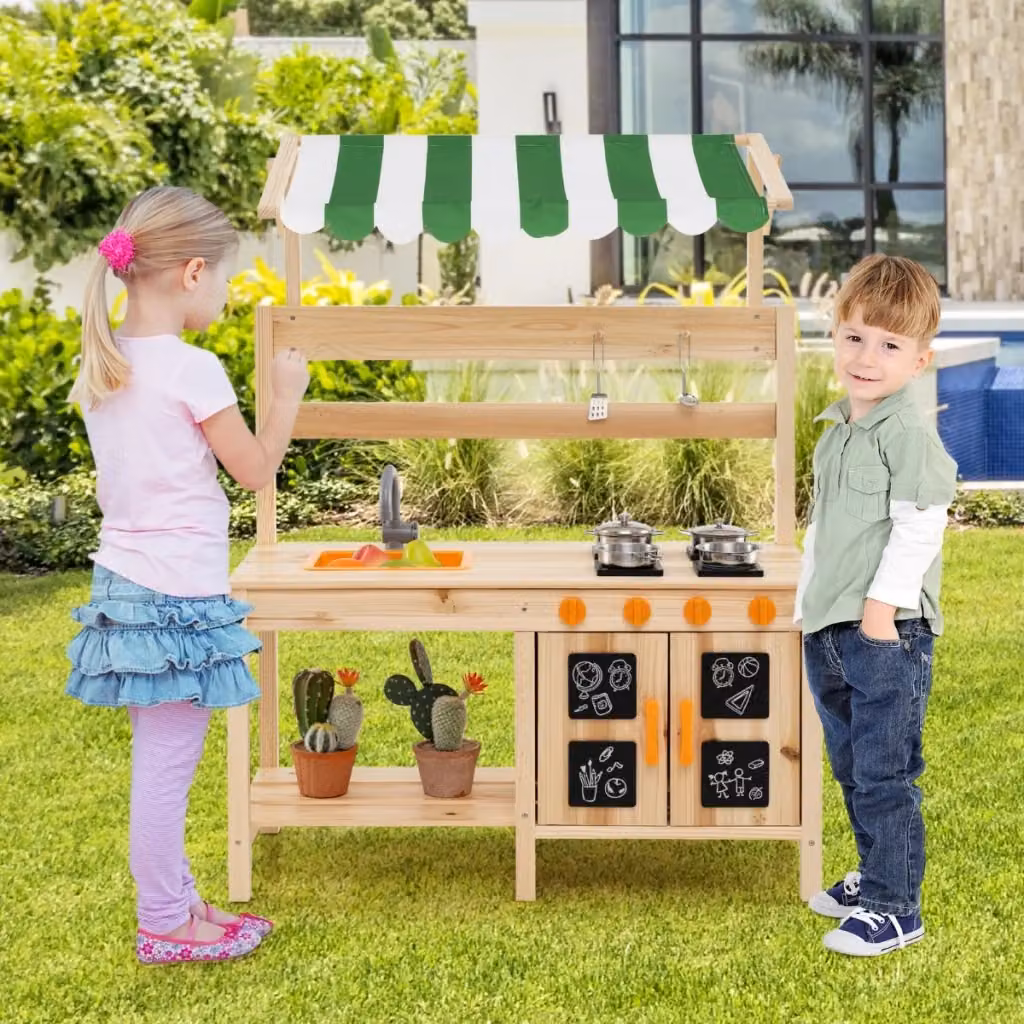 Cucina da gioco per bambini in legno di abete con telo protettivo e lavello rimovibile, Naturale e Multicolore – 2