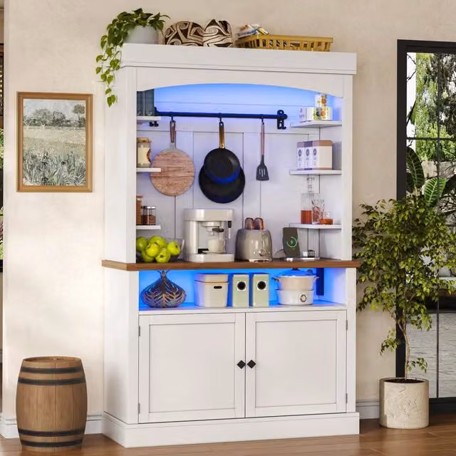 Credenza da cucina alta con ripiani aperti, ganci, LED e prese laterali per cucina, MDF bianco, 106 × 43 × 183 cm
