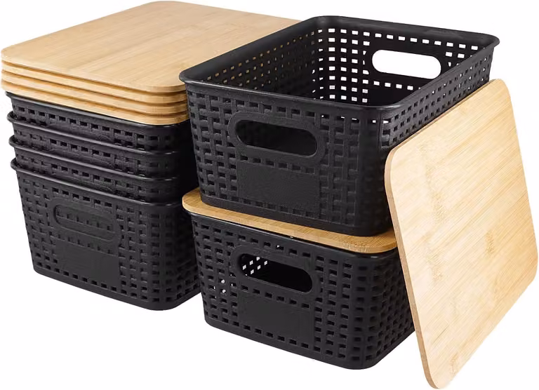 Set di contenitori per la conservazione, 6 pezzi, dimensioni 25,5 x 18,3 x 10,5 cm, con coperchio in bambù, impilabili, adatti per bagno e cucina