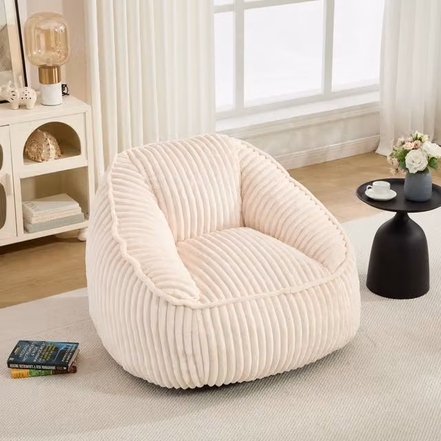Desviae Poltrona pouf in velluto a coste beige con imbottitura in schiuma per soggiorno e camera da letto
