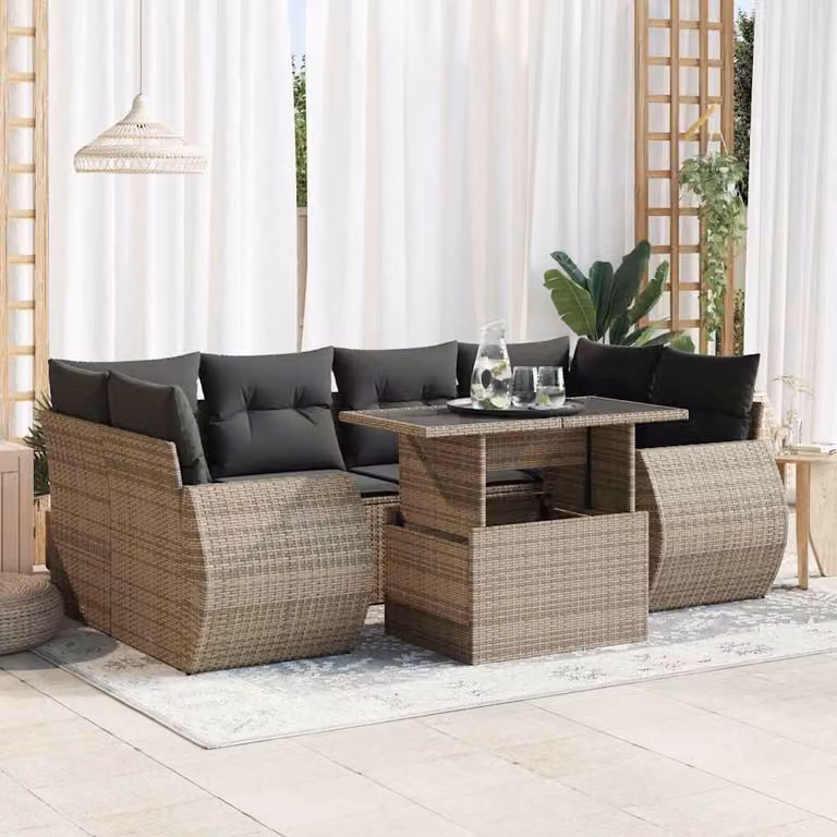 Set di divani da giardino vidaXL in polyrattan grigio con cuscini e tavolino da esterno a forma di L