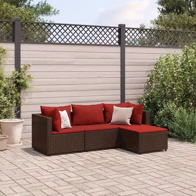 Set da giardino moderno vidaXL composto da 4 pezzi con divano ad angolo e pouf in rattan marrone e rosso con cuscini inclusi – 1