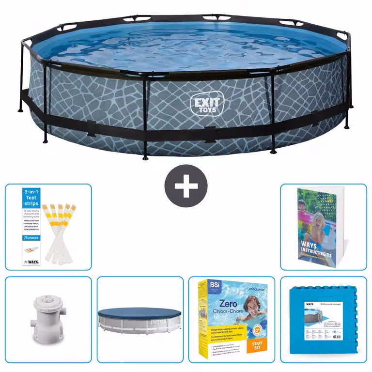 Piscina a sfioro "Exit Pool Rund" - Design effetto pietra - 360x76 cm - 5 pezzi - Modello S276